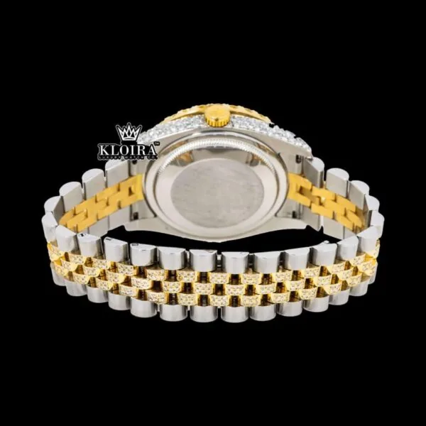 Pink Floral Dial Diamond Markers Two Tone Iced Out Moissanite Watch Caseback View
