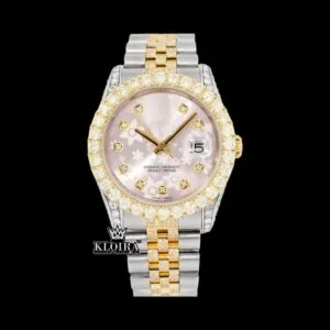 Roles Pink Floral Dial Moissanite Watch with Diamond Markers
