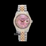 Roles Pink Roman Dial Two Tone Iced Out Moissanite Watch