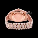 Purple Stick Markers Dial Day-Date Window Rose Gold Moissanite Watch Caseback View
