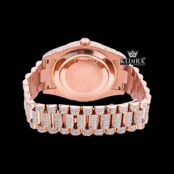 Purple Stick Markers Dial Day-Date Window Rose Gold Moissanite Watch Caseback View