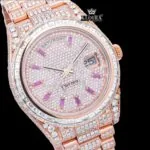 Purple Stick Markers Dial Day-Date Window Rose Gold Moissanite Watch Close Up Dial View