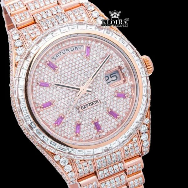 Purple Stick Markers Dial Day-Date Window Rose Gold Moissanite Watch Close Up Dial View