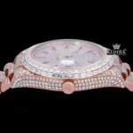 Purple Stick Markers Dial Day-Date Window Rose Gold Moissanite Watch Crown View