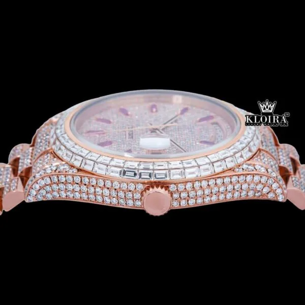 Purple Stick Markers Dial Day-Date Window Rose Gold Moissanite Watch Crown View