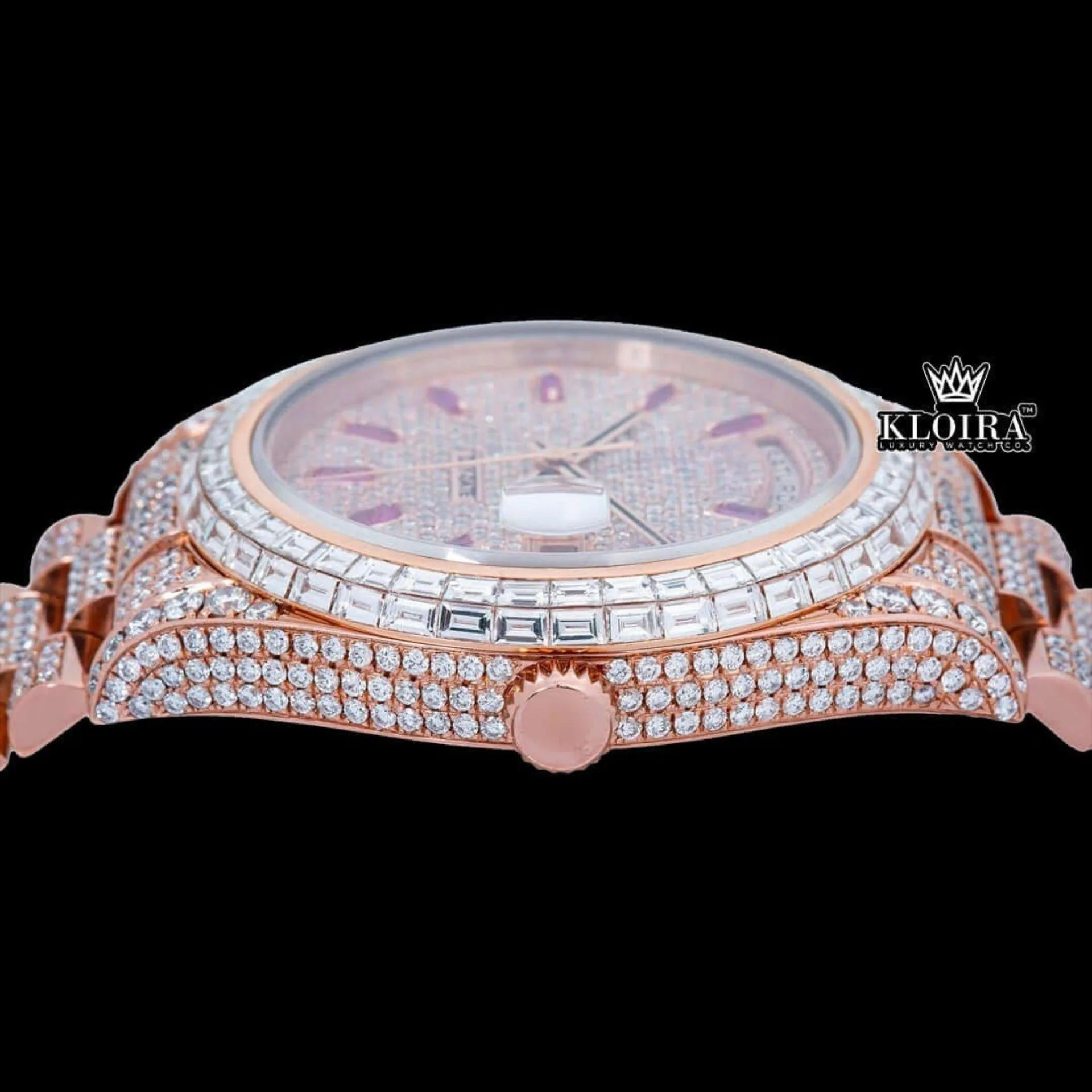 Purple Stick Markers Dial Day-Date Window Rose Gold Moissanite Watch Crown View