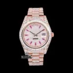 Roles Purple Stick Markers Dial Day-Date Window Rose Gold Moissanite Watch