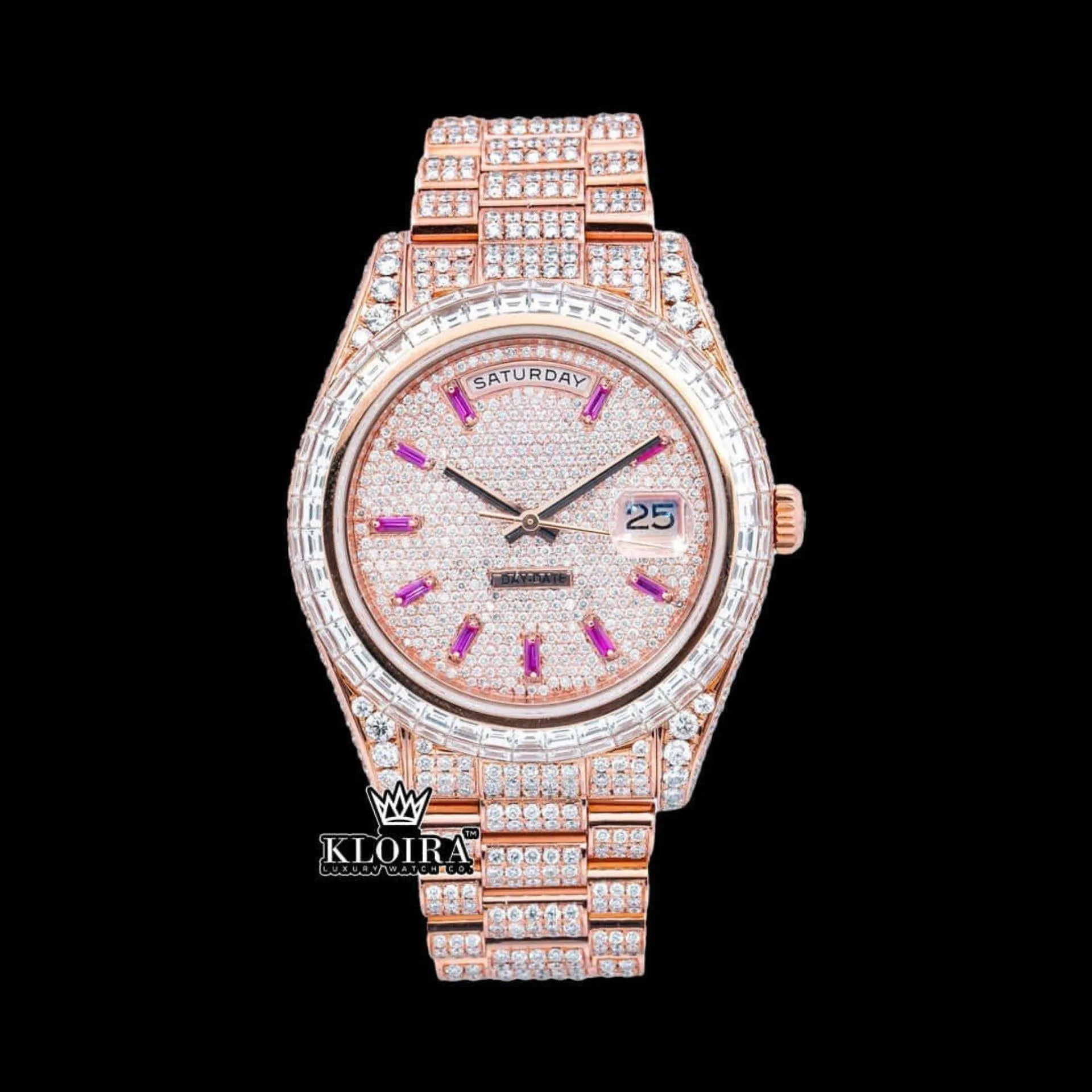 Roles Purple Stick Markers Dial Day-Date Window Rose Gold Moissanite Watch with purple dial