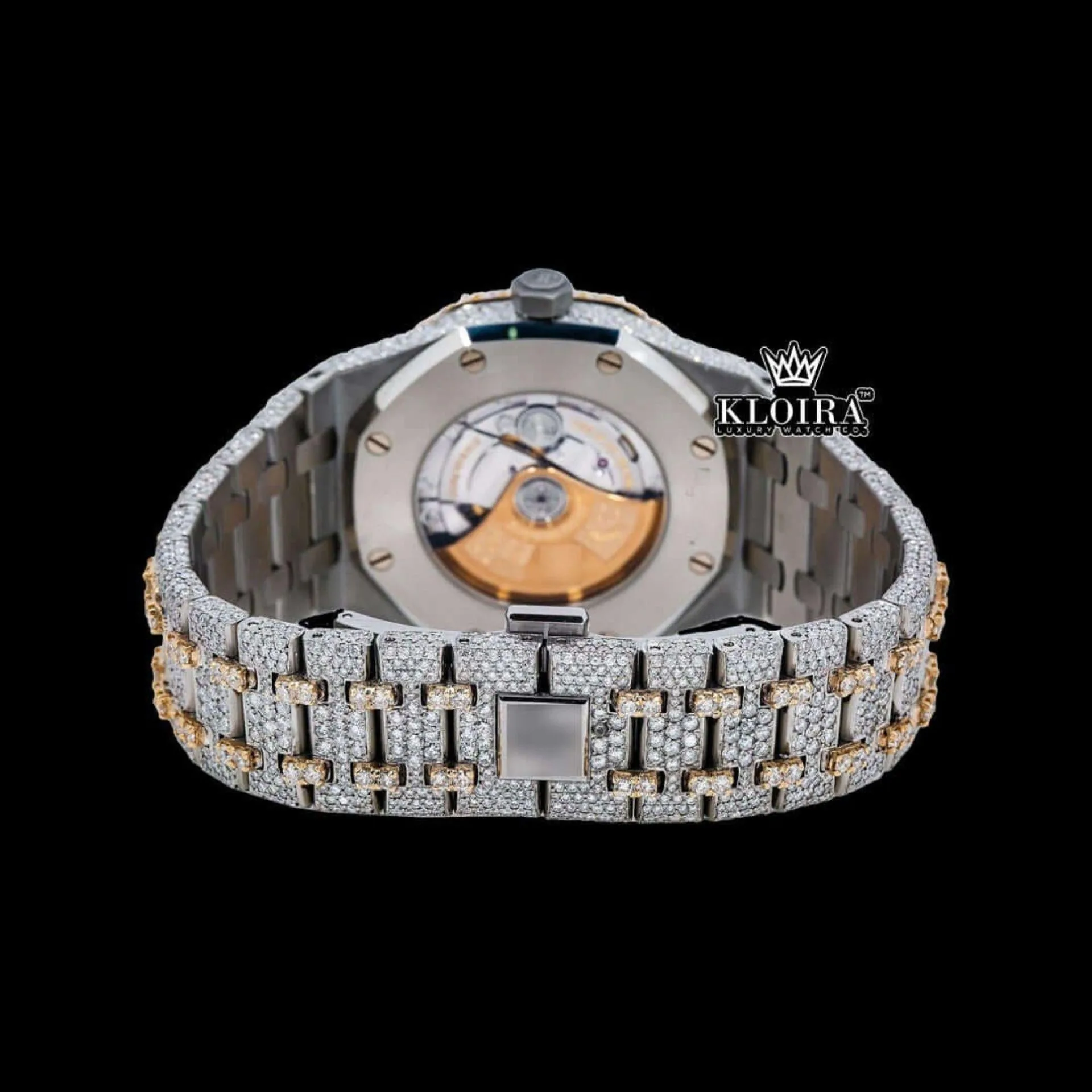 Rainbow Arabic Dial Two Tone Iced Out Moissanite Diamond Watch Caseback View