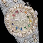 Rainbow Arabic Dial Two Tone Iced Out Moissanite Diamond Watch Close Up Dial View