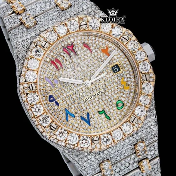 Rainbow Arabic Dial Two Tone Iced Out Moissanite Diamond Watch Close Up Dial View