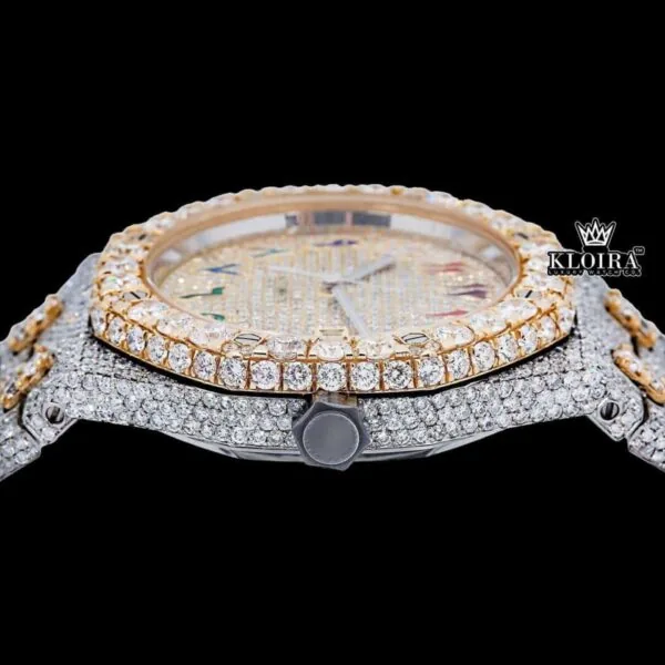 Rainbow Arabic Dial Two Tone Iced Out Moissanite Diamond Watch Crown View