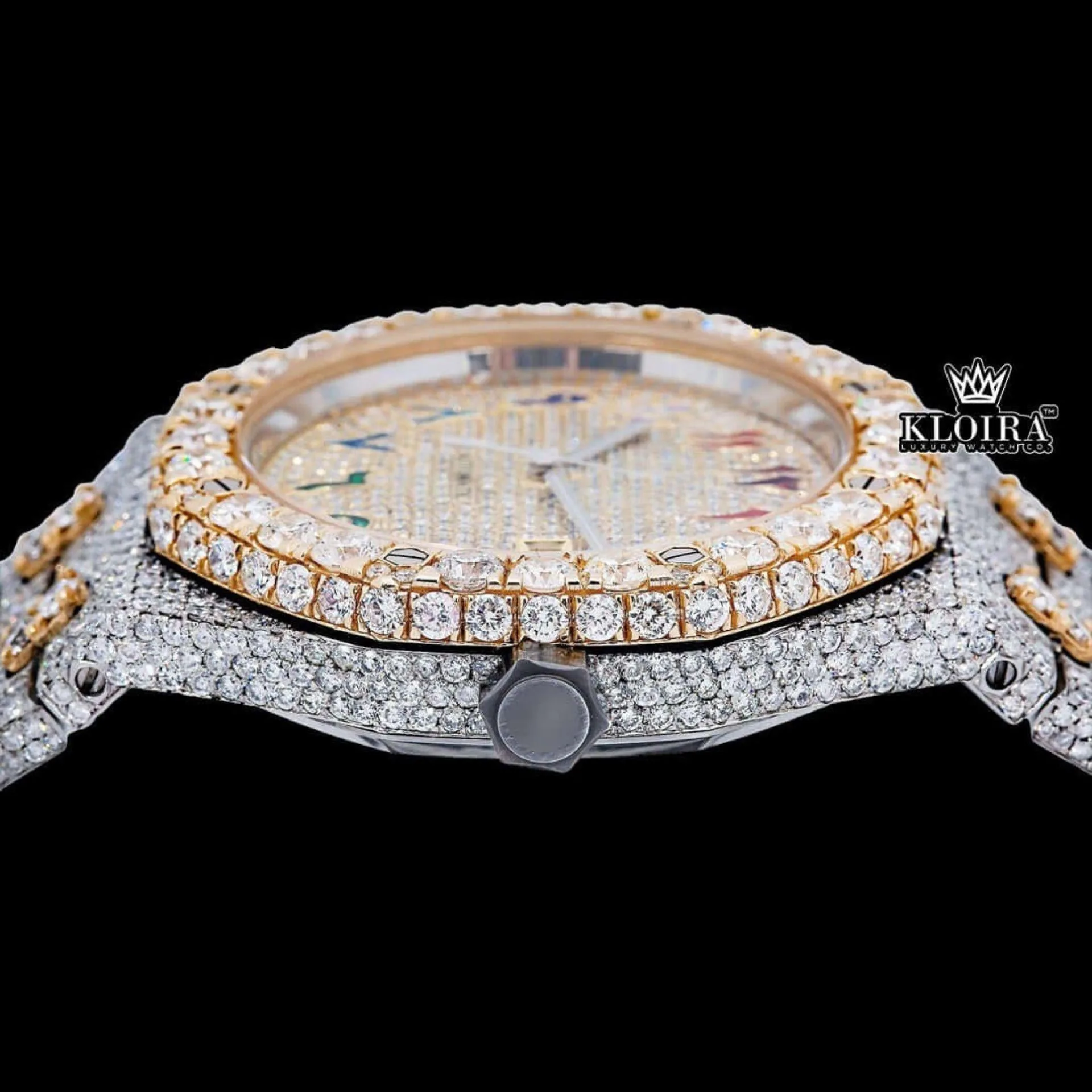 Rainbow Arabic Dial Two Tone Iced Out Moissanite Diamond Watch Crown View