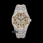 AP Rainbow Arabic Dial Two Tone Iced Out Moissanite Watch with vibrant yellow dial and diamonds