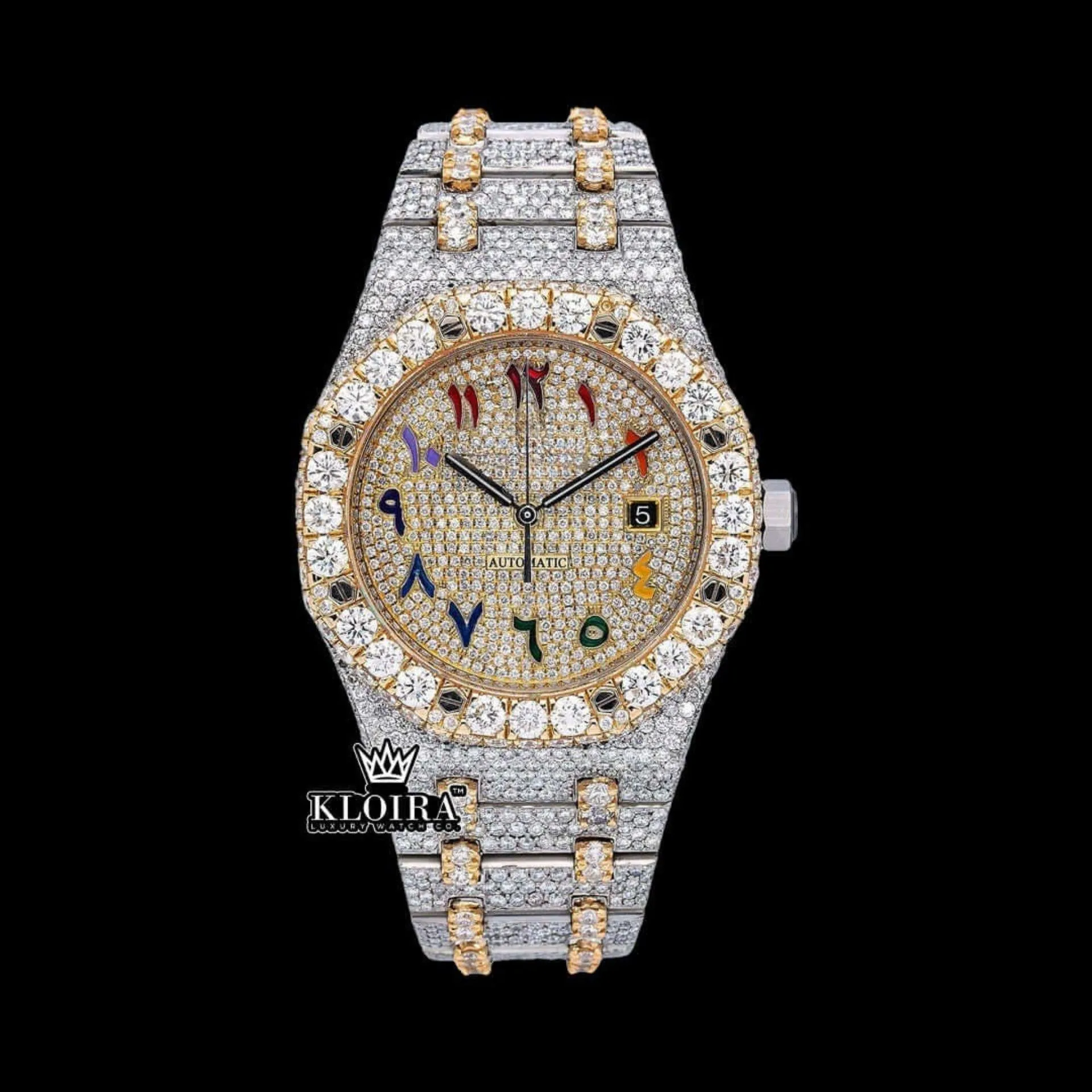 AP Rainbow Arabic Dial Two Tone Iced Out Moissanite Watch with vibrant yellow dial and diamonds