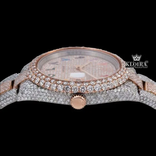 Rainbow Arabic Numerals Dial Date Display Two Toane Moissanite Watch Crown View