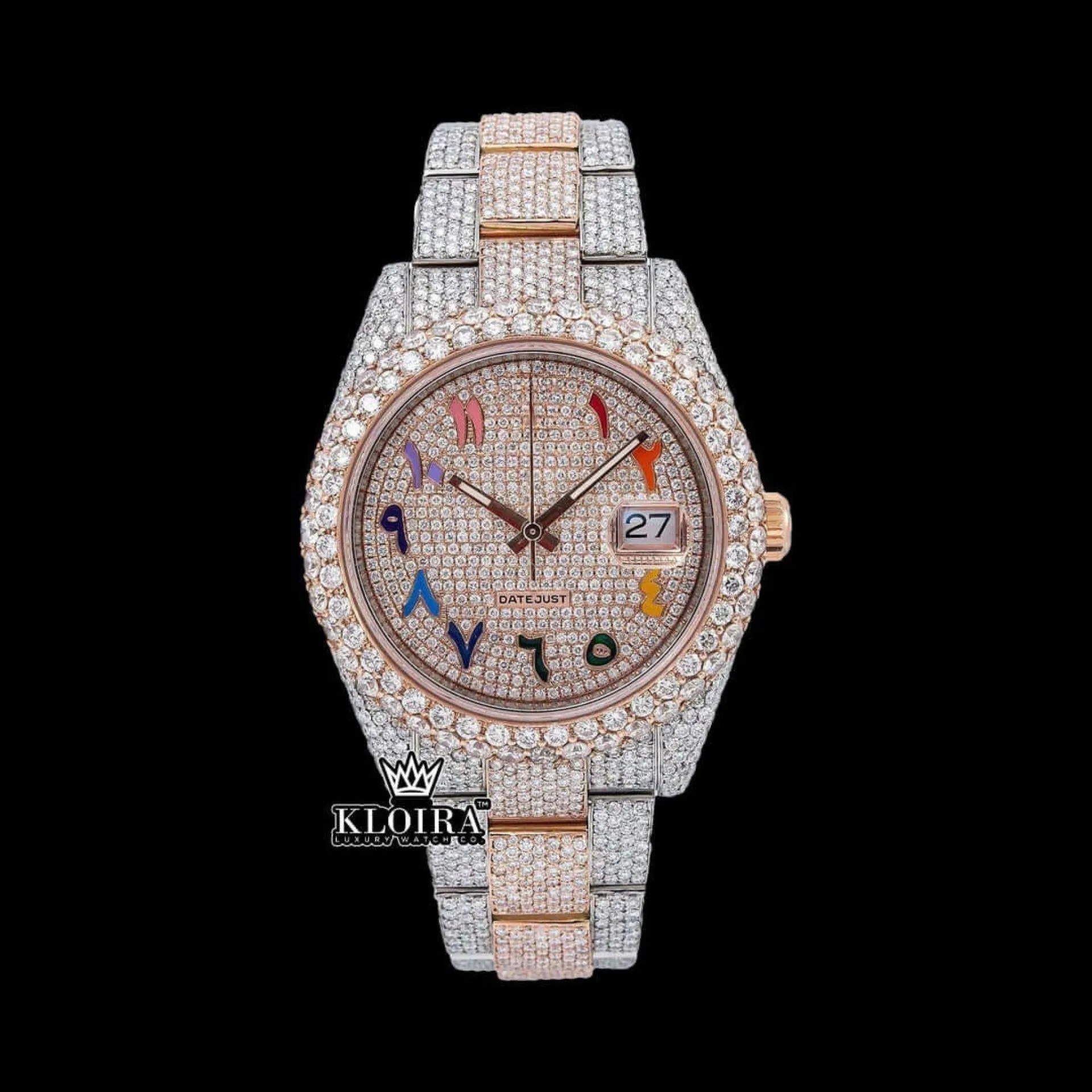 Roles Rainbow Arabic Numerals Dial Date Display Moissanite Watch with vibrant rainbow dial