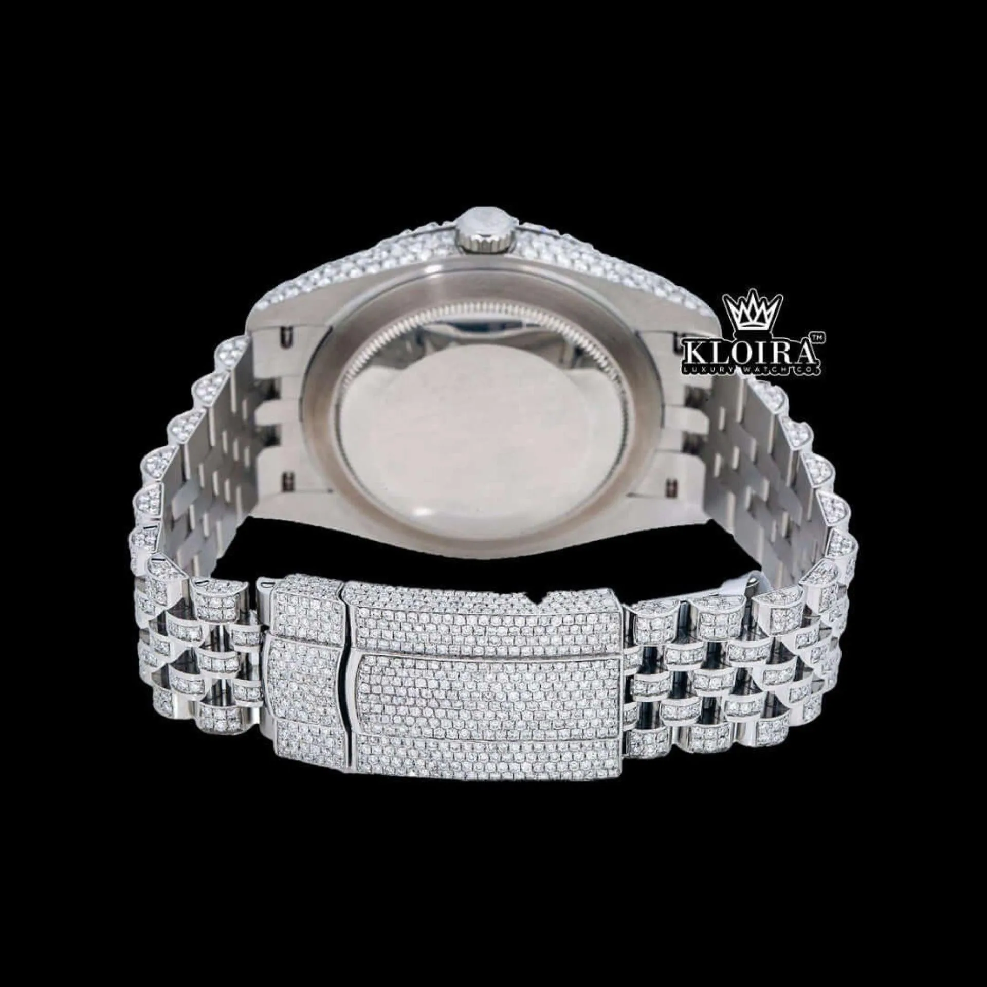 Rainbow Arabic Numerals Dial Full Iced Out Royal Link Strap Moissanite Watch Caseback View
