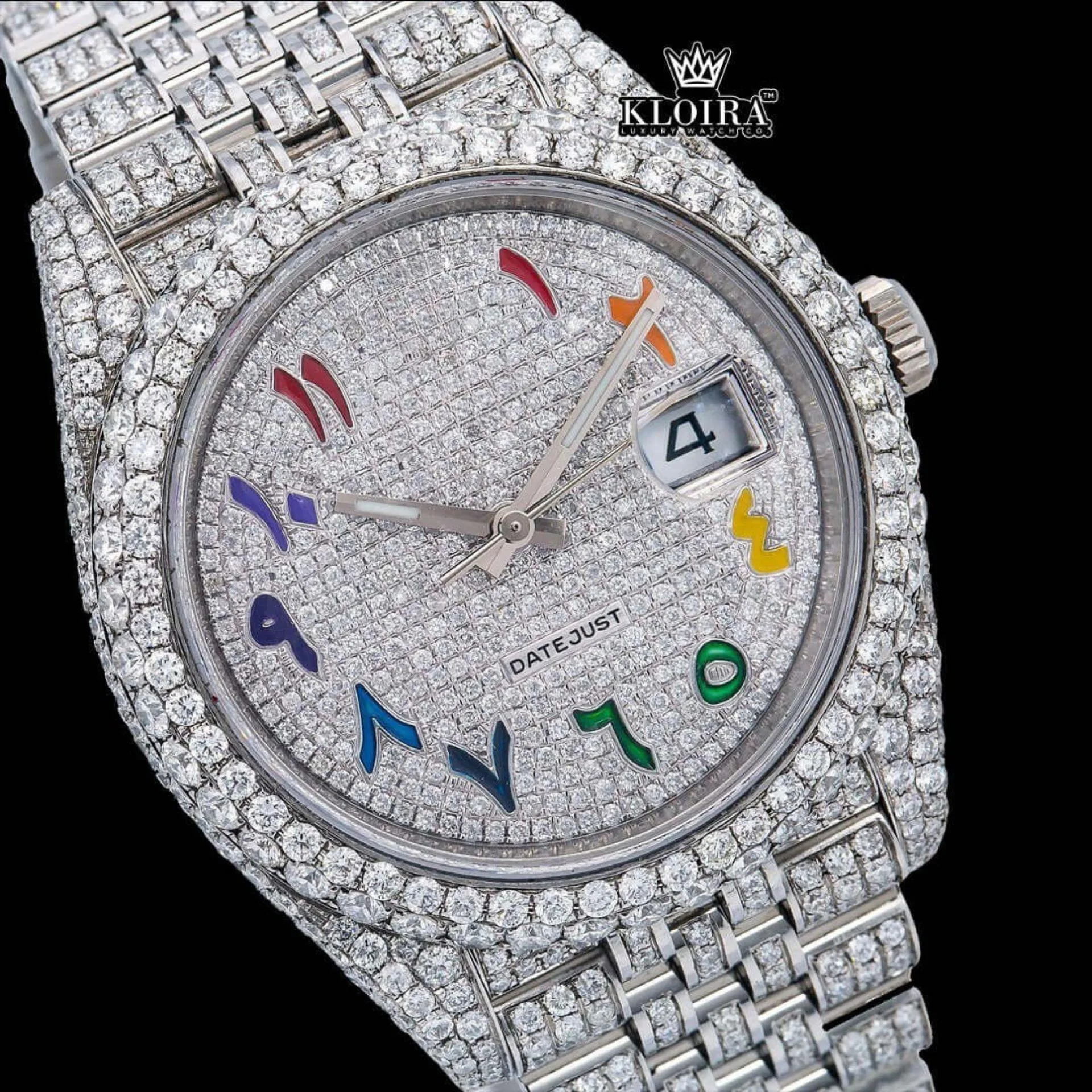 Rainbow Arabic Numerals Dial Full Iced Out Royal Link Strap Moissanite Watch Close Up Dial View