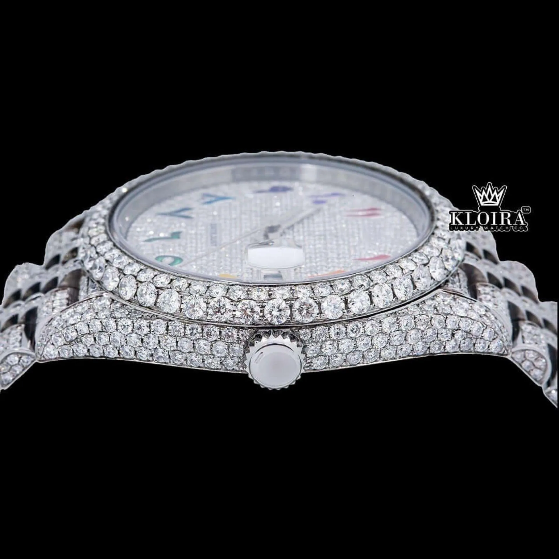 Rainbow Arabic Numerals Dial Full Iced Out Royal Link Strap Moissanite Watch Crown View
