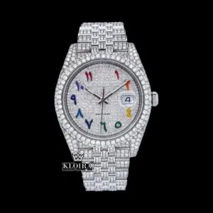 Roles Moissanite Watch with Rainbow Arabic Numerals Dial and Royal Link Strap