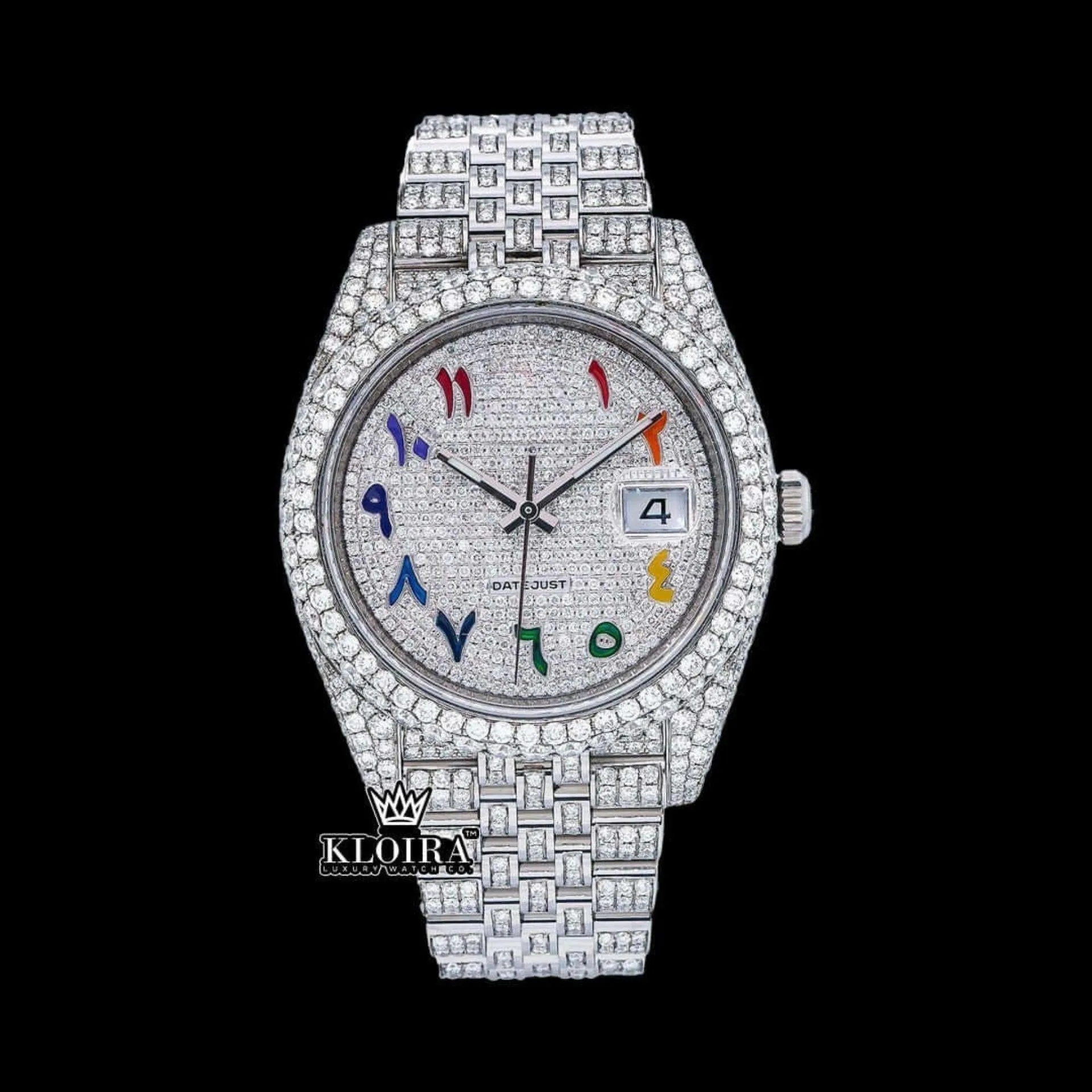Roles Moissanite Watch with Rainbow Arabic Numerals Dial and Royal Link Strap