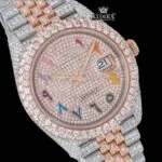 Rainbow Arabic Numerals Dial Two Tone Rose Gold Moissanite Watch Close Up Dial View
