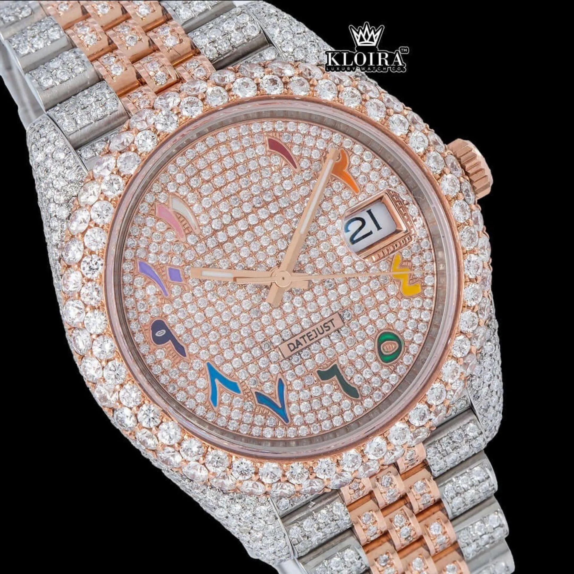 Rainbow Arabic Numerals Dial Two Tone Rose Gold Moissanite Watch Close Up Dial View
