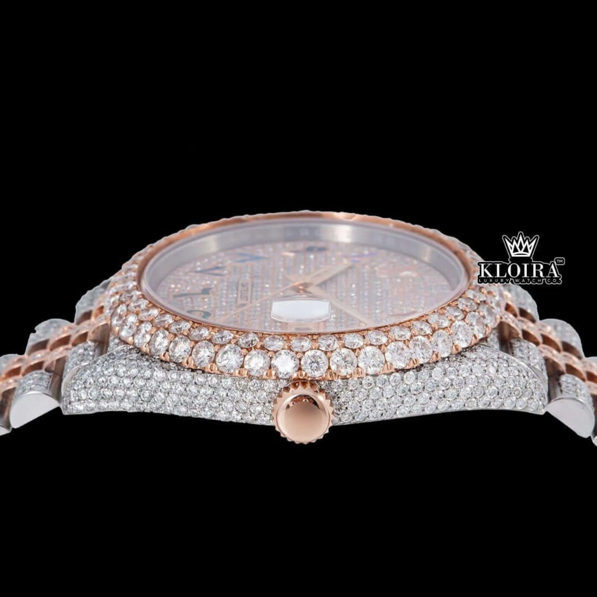 Rainbow Arabic Numerals Dial Two Tone Rose Gold Moissanite Watch Crown View