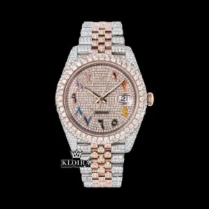 Roles Rainbow Arabic Numerals Dial Two Tone Rose Gold Moissanite Watch