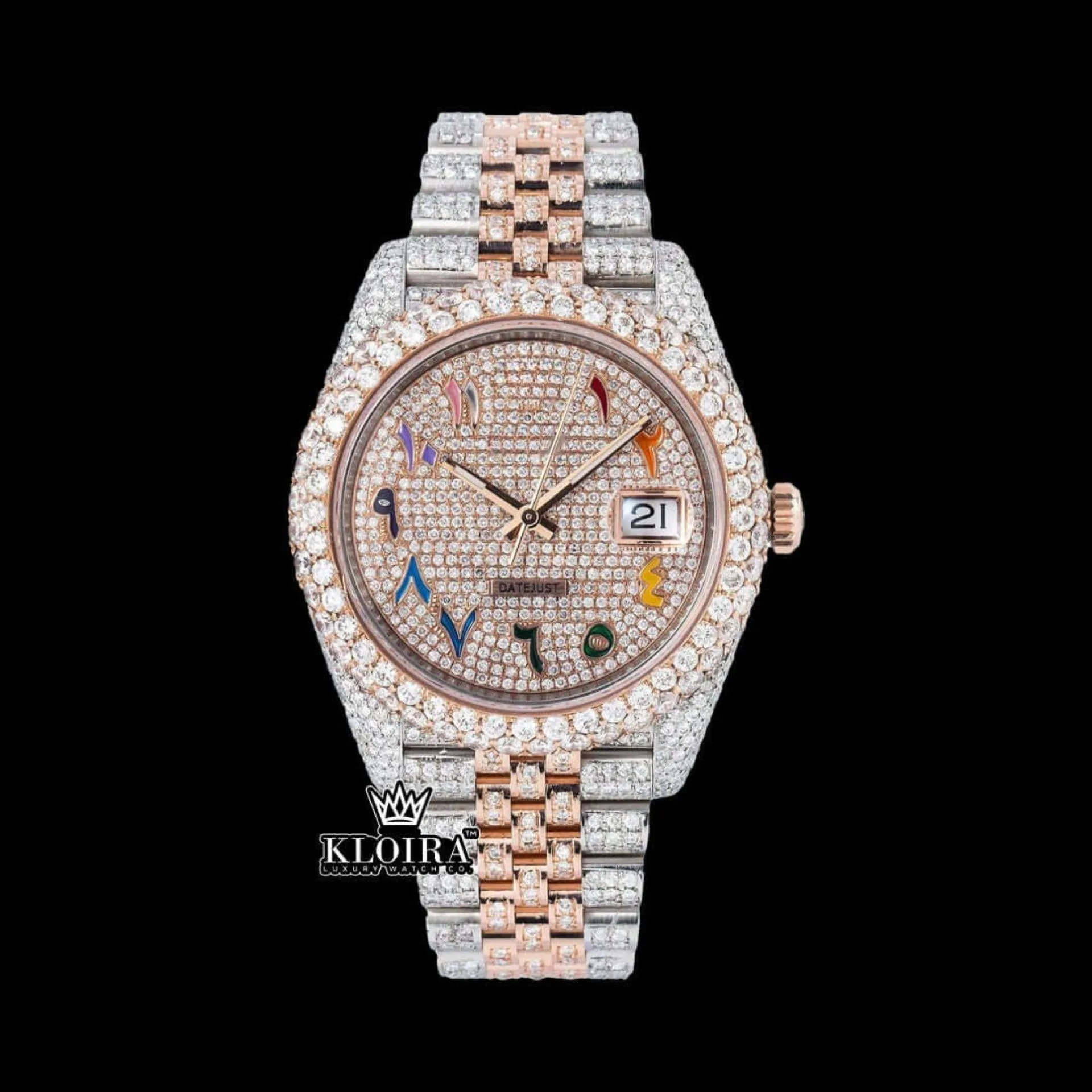 Roles Rainbow Arabic Numerals Dial Two Tone Rose Gold Moissanite Watch with VVS clarity stones