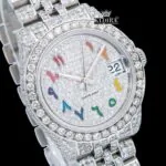 Rainbow Arabic Numerals White Dial Iced Out Moissanite Diamond Watch Close Up Dial View