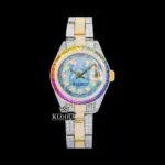 Roles Rainbow Bezel Two Tone Moissanite Watch with Blue Dial and Diamond Markers