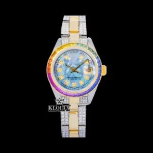 Roles Rainbow Bezel Two Tone Moissanite Watch with Blue Dial