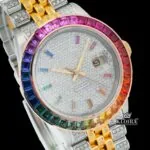 Rainbow Bezel Diamond Markers Two Tone Moissanite Watch Close Up Dial View