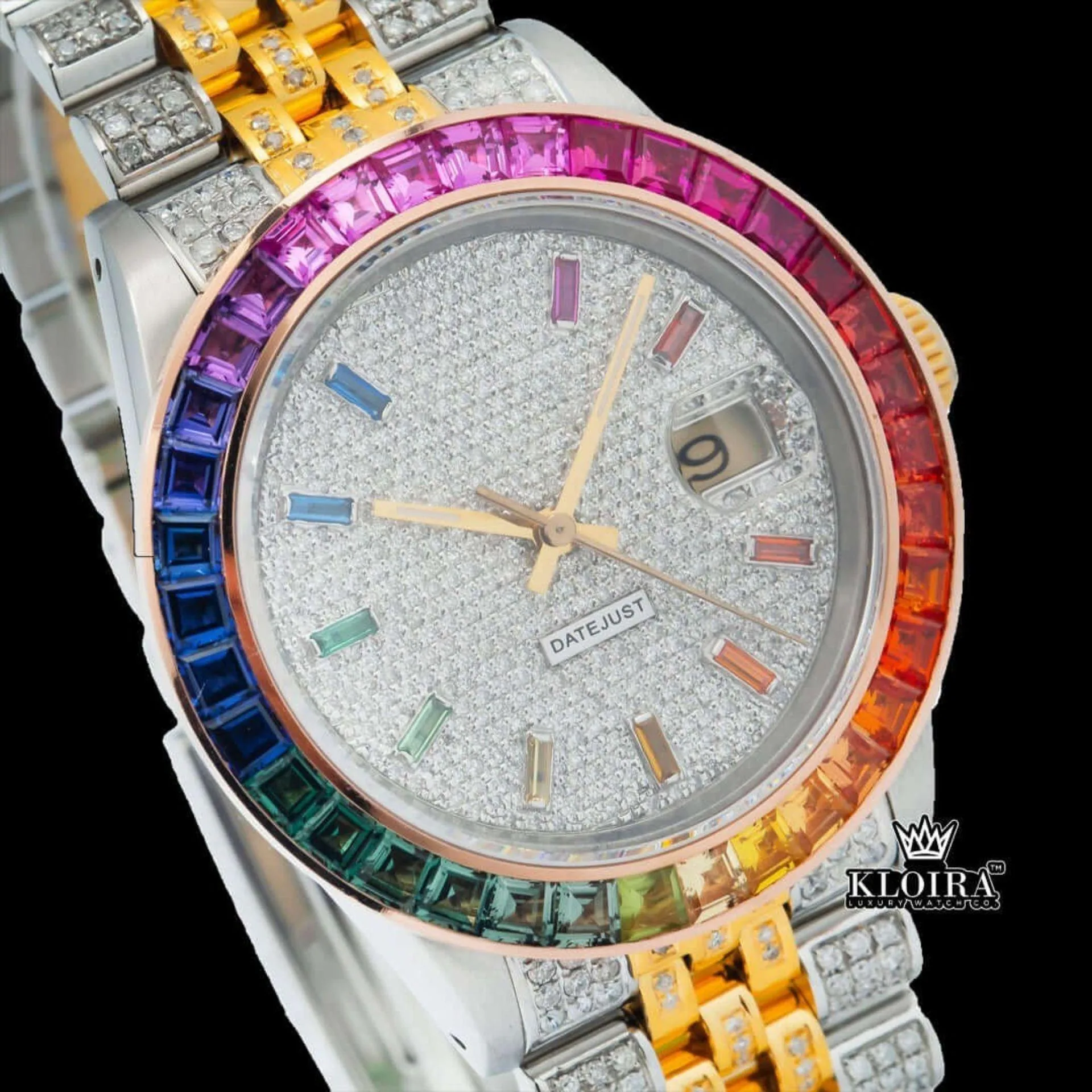 Rainbow Bezel Diamond Markers Two Tone Moissanite Watch Close Up Dial View