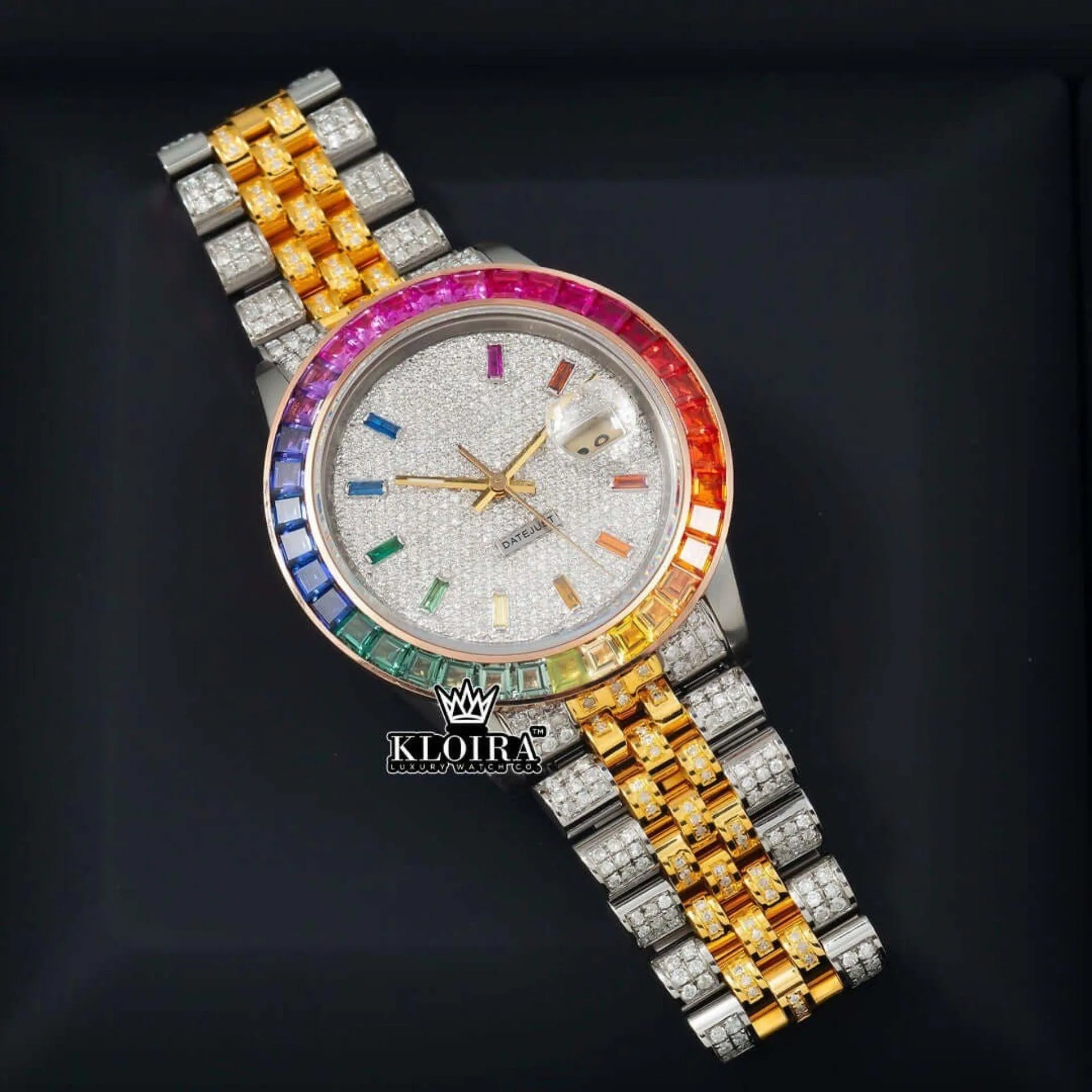 Rainbow Bezel Diamond Markers Two Tone Moissanite Watch Close Up Front View
