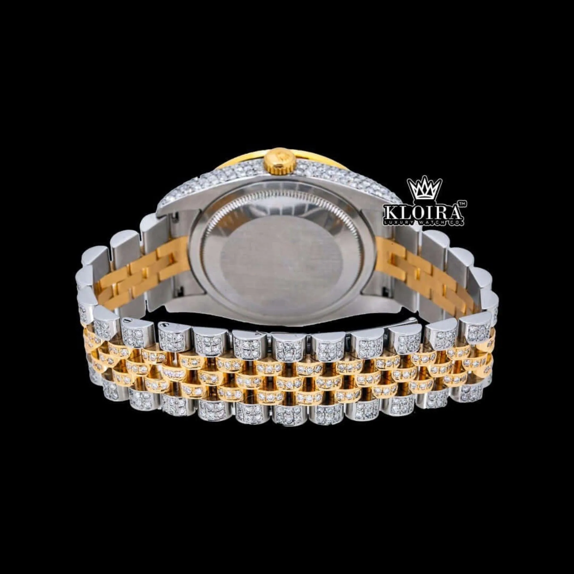 Rainbow Bezel Yellow Dial Rainbow Arabic Numerals Moissanite Diamond Watch Caseback View