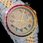 Rainbow Bezel Yellow Dial Rainbow Arabic Numerals Moissanite Diamond Watch Close Up Dial View