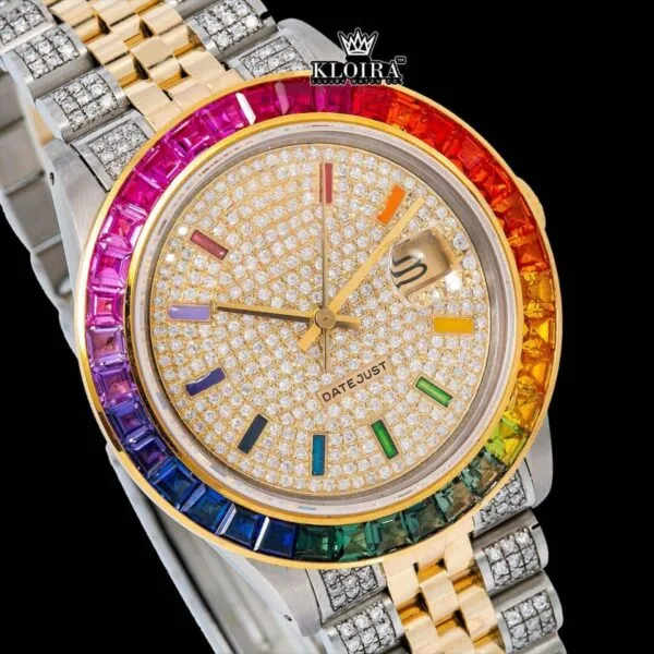 Rainbow Bezel Yellow Dial Rainbow Stick Markers Moissanite Diamond Watch Close Up Dial View