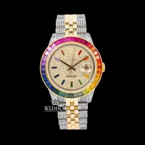 Roles Rainbow Bezel Moissanite Diamond Watch with Yellow Dial