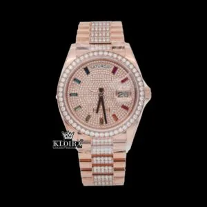 Roles Rainbow Markers Dial Day Date Display Rose Gold Moissanite Watch