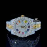 Roles Rainbow Roman Dial Two Tone Iced Out Yellow Gold Moissanite Watch