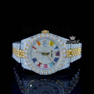 Roles Rainbow Roman Dial Two Tone Iced Out Yellow Gold Moissanite Watch