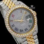 Rainbow Roman Dial Two Tone Moissanite Diamond Watch Close Up Dial View