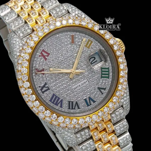 Rainbow Roman Dial Two Tone Moissanite Diamond Watch Close Up Dial View