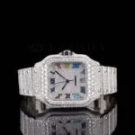 Cartior Rainbow Roman Numerals White Dial Moissanite Watch with Iced-Out Design