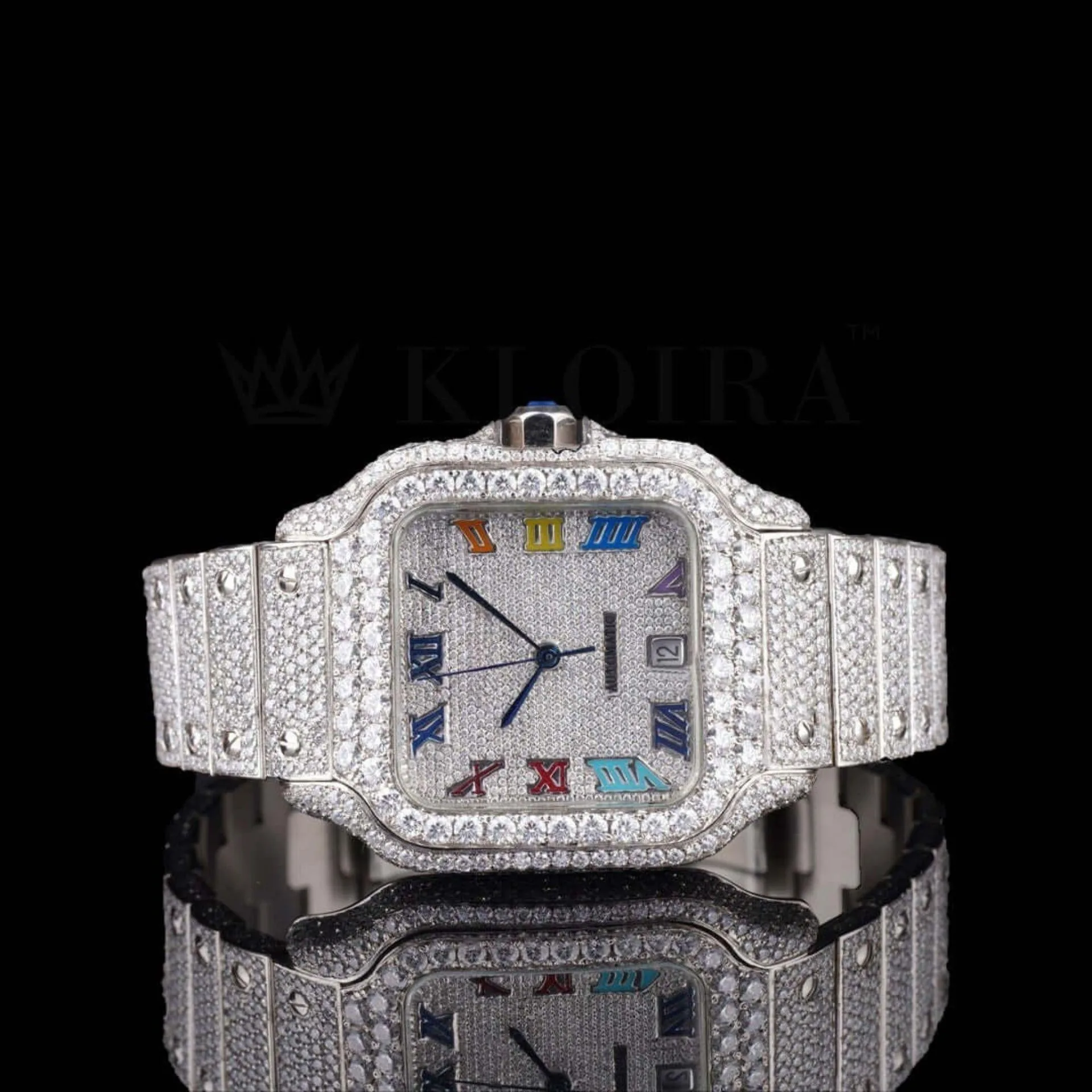 Cartior Rainbow Roman Numerals White Dial Moissanite Watch with Iced-Out Design