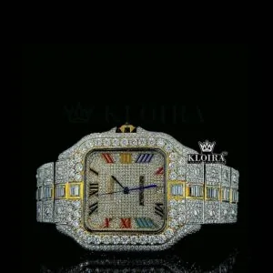 Cartior Rainbow Roman Numerals Yellow Dial Two Tone Moissanite Watch