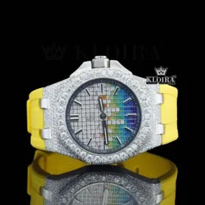 AP Rainbow Soundwave Dial Moissanite Watch with Yellow Rubber Strap